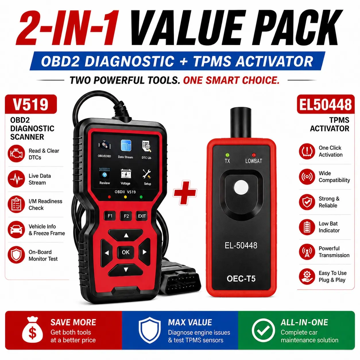 2pcs V519 Obd2 Scanner & El-50448 Tpms Relearn Tool, Engine Code Reader, Live Data, Battery Voltage Test, Tpms Reset Tool for Gm Vehicles