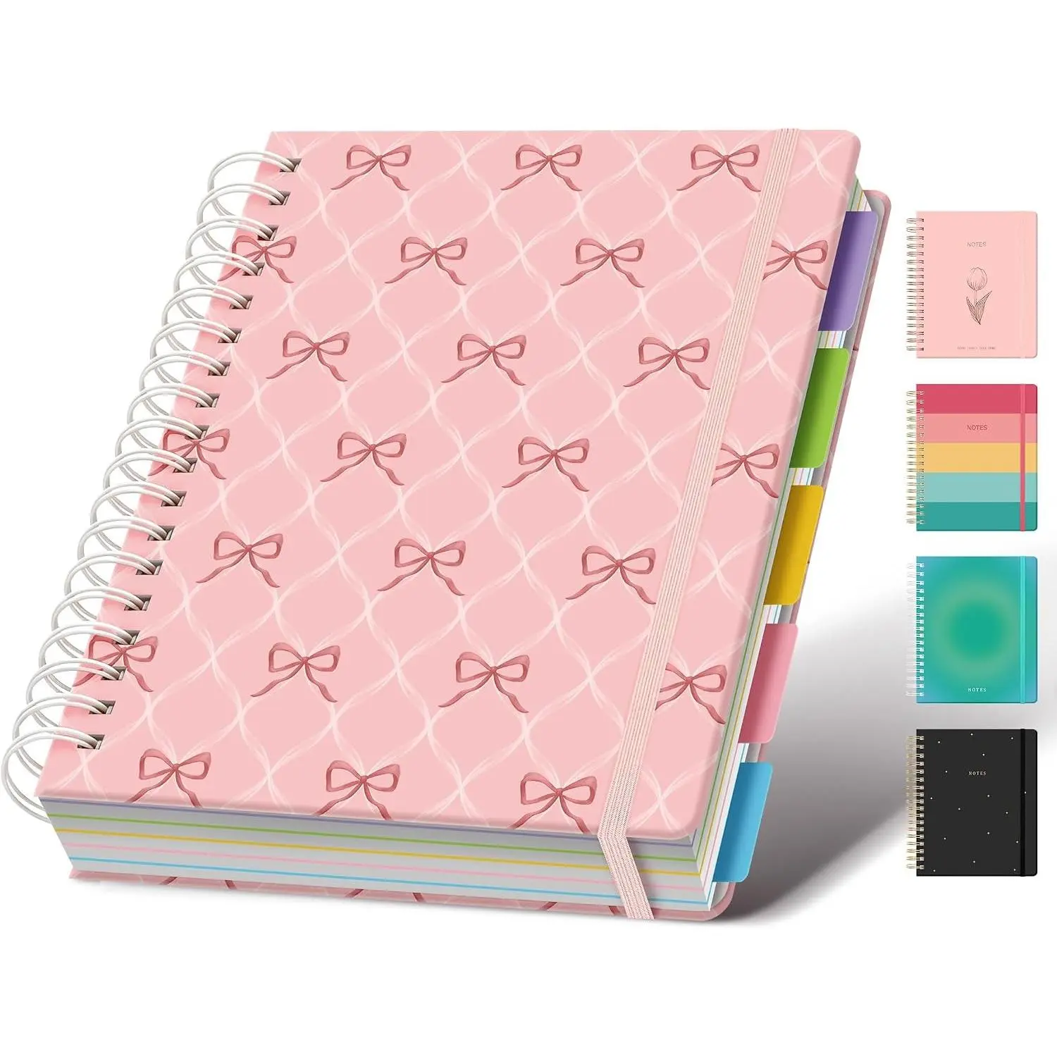 Hardcover Spiral Notebook Journal for Women & Men, Cute 5 Subject Notebook College Ruled for School & Work, Pink Journaling Notebooks with Removable Dividers Tabs, 8" x 10", 300 Pages, Bows