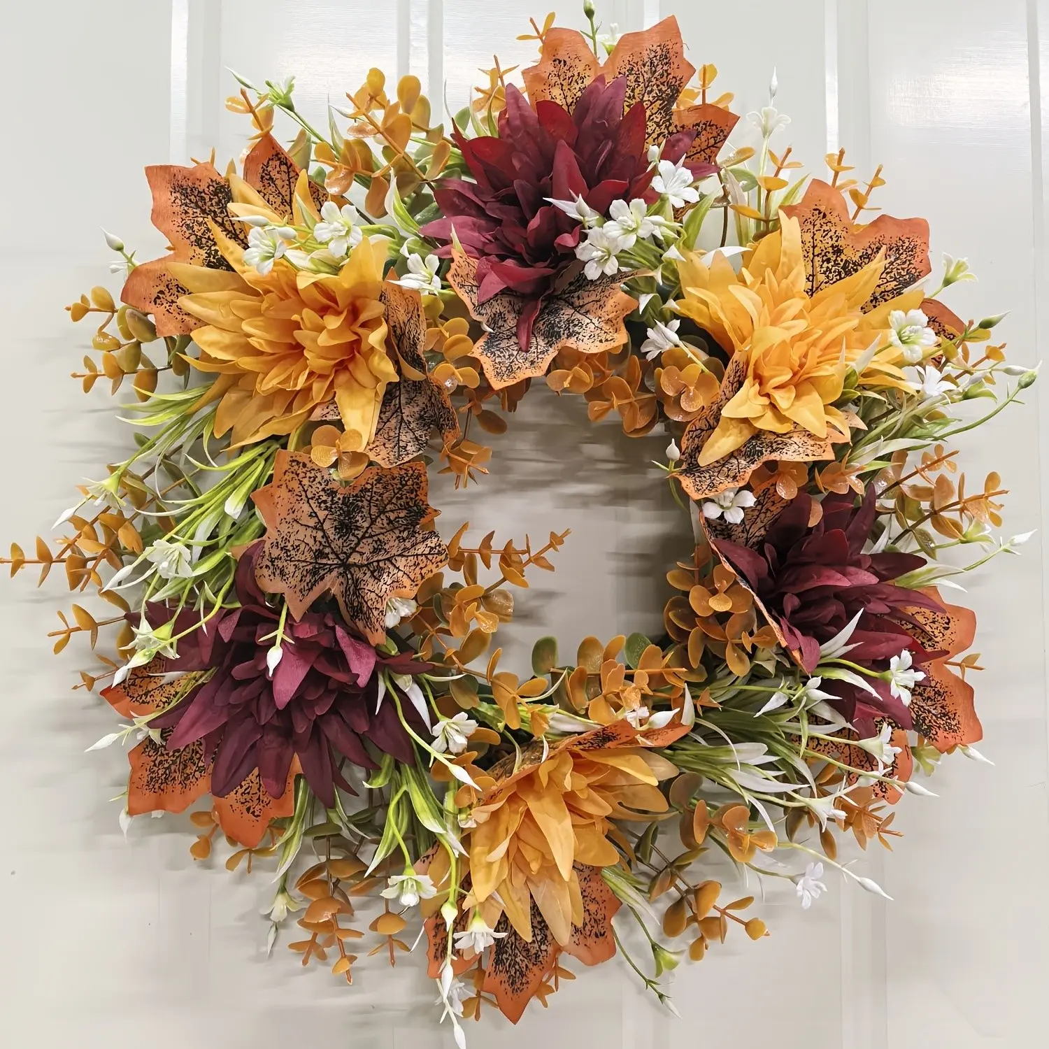 Autumn Decorative Wreath, Chrysanthemum Eucalyptus Maple Leaf Fake Door Hanging, Thanksgiving Halloween Decoration, Outdoor Wedding Decor