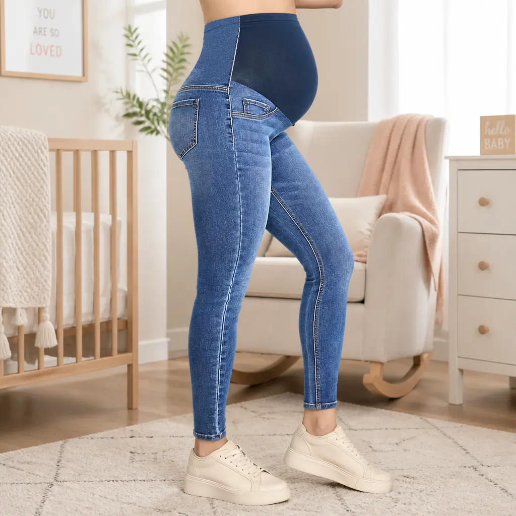 Women's Maternity Skinny Jeans, Over-the-Belly Full Panel Pants with Adjustable Waistband, Stretch Denim Jeggings