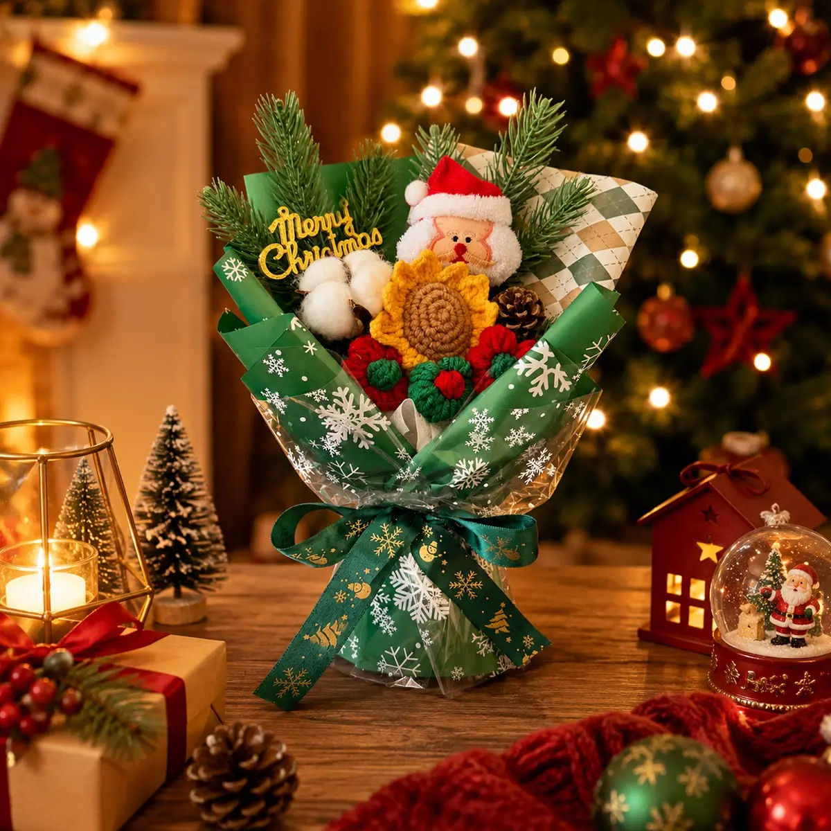 Handmade Christmas Crochet Bouquet, Cute Santa Holiday Gift, Festive Home Decor, Perfect for Women, Girls, Family & Friends
