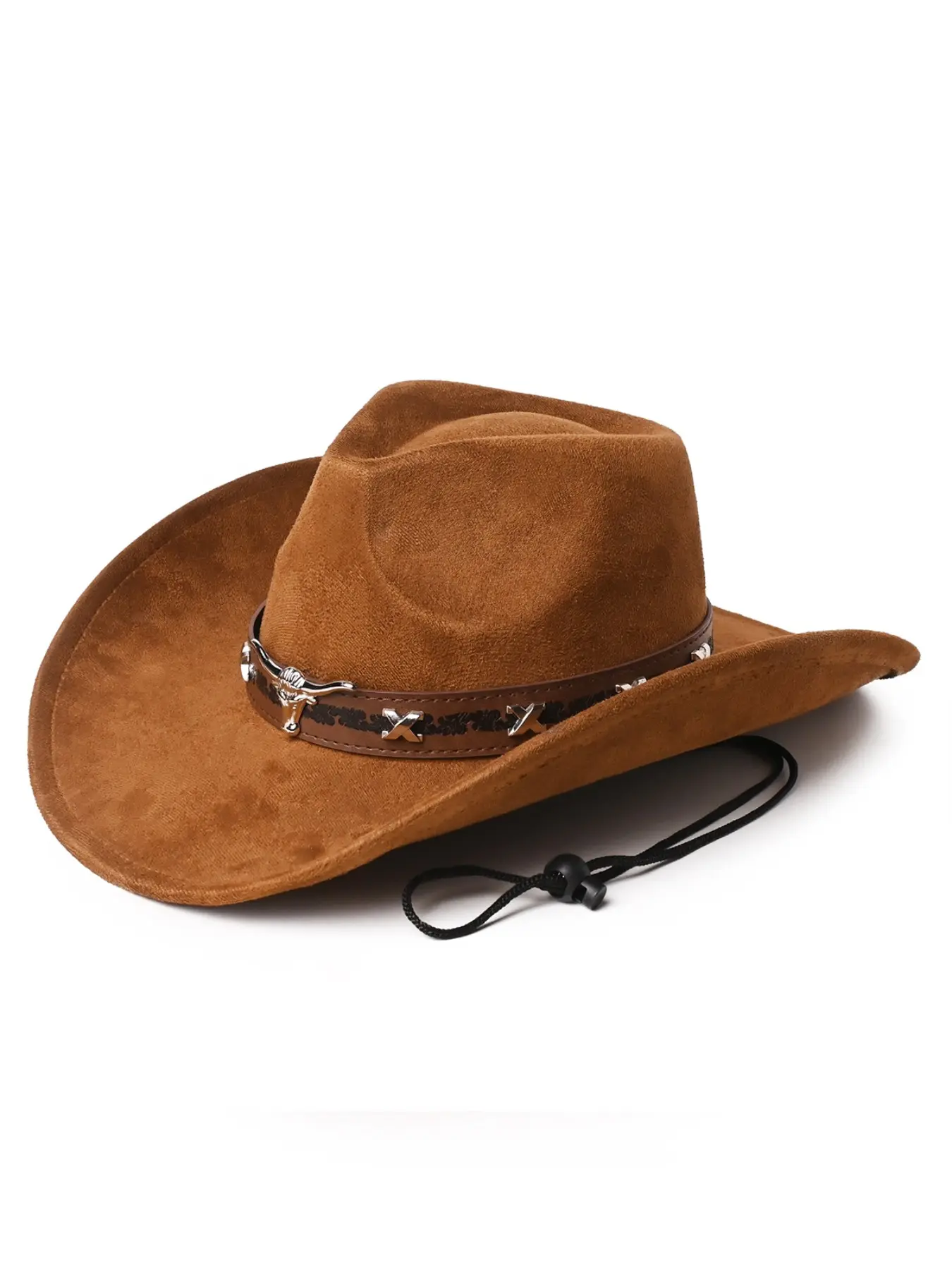Soft Plain Visor Hat, Unisex Western Cowboy Hat, Outdoor Hats, Wide Brim, Floral Embellishment, Silver Color Metal Badge, Windproof Drawstring, All Seasons