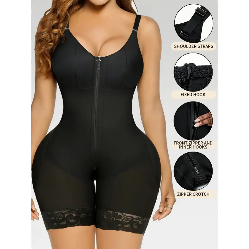 Women'S Front-Zip Full-Body Shaper: Tummy-Tucking, Waist-Cinching, And Butt-Lifting Shaping  - Designed for Post-Surgery And Postpartum Use. Features a Zipper And Built-In Snap Closures for Shaping. Suitable for Everyday Wear, The Gym shapewear bodysuit