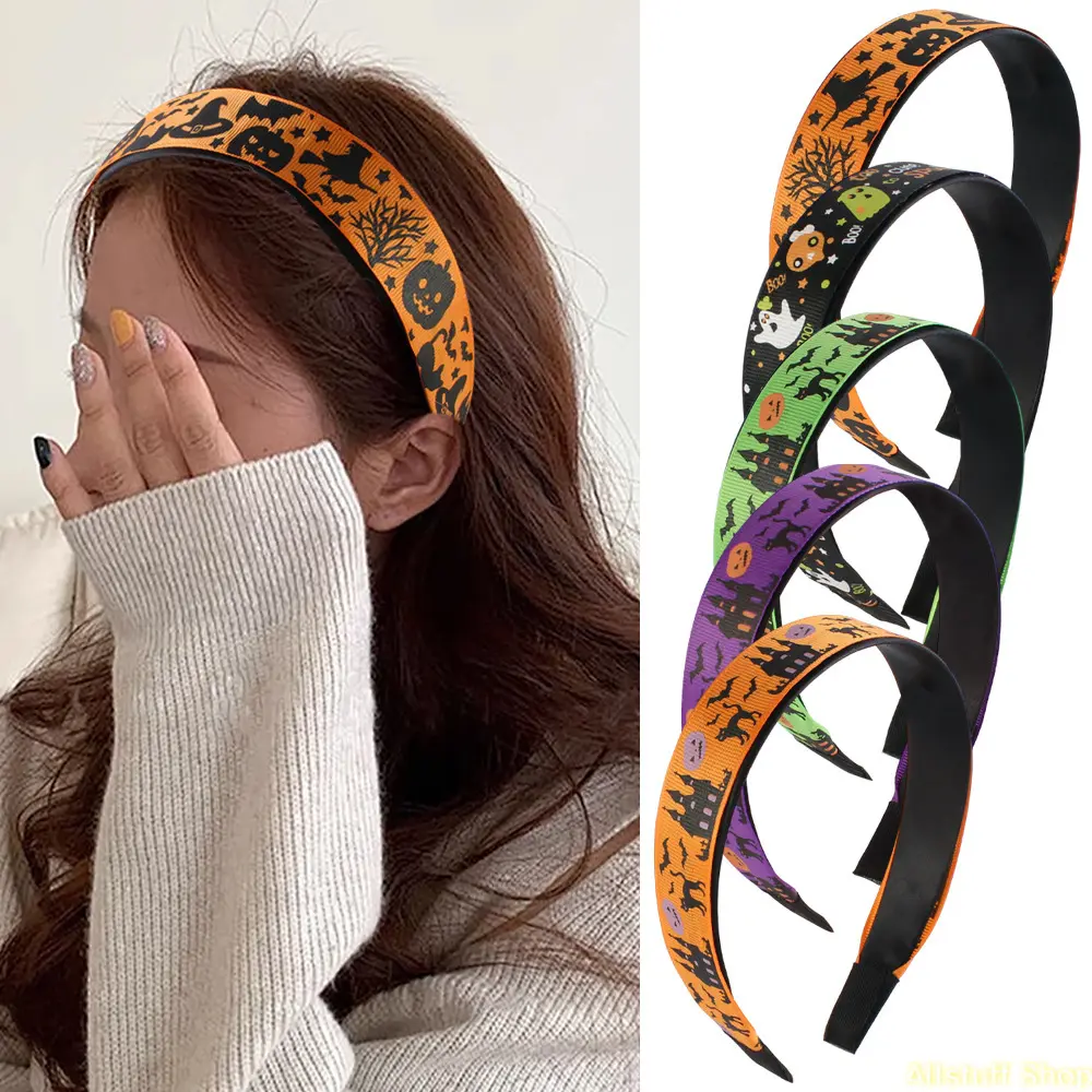 Women's Wide Edge Headband with Ghost Print & Skulls, Top Knot Halloween Hair Accessory for Parties