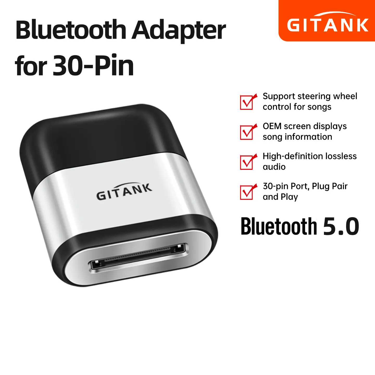 GITANK Car Bluetooth 5.0 AptX-HD Adapter for 30 Pin iPod iPhone Music Interface Include Audi Volkswagen Motorcycle