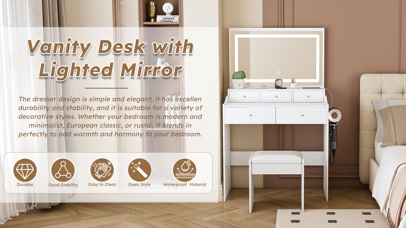 [Bellemave]New Large Mirror Vanity Desk for Bed room  , Modern Makeup Vanity Set with Power Outlet and Hair dryer holder, 5 Drawers , 3 Lighting Color Adjustable Dressing Table for Bedroom, White Color