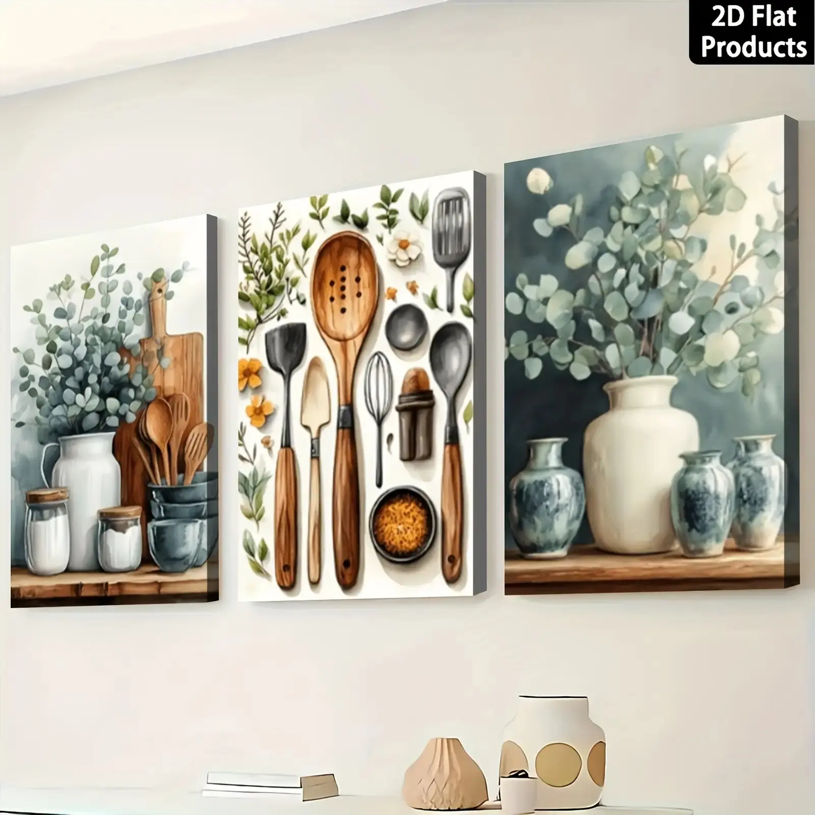 Canvas Wall Art Set 3pcs 8x12inch Wooden Frame 2D Flat Prints Green Spices Kitchenware Theme Home Decor for Modern Living Room Kitchen