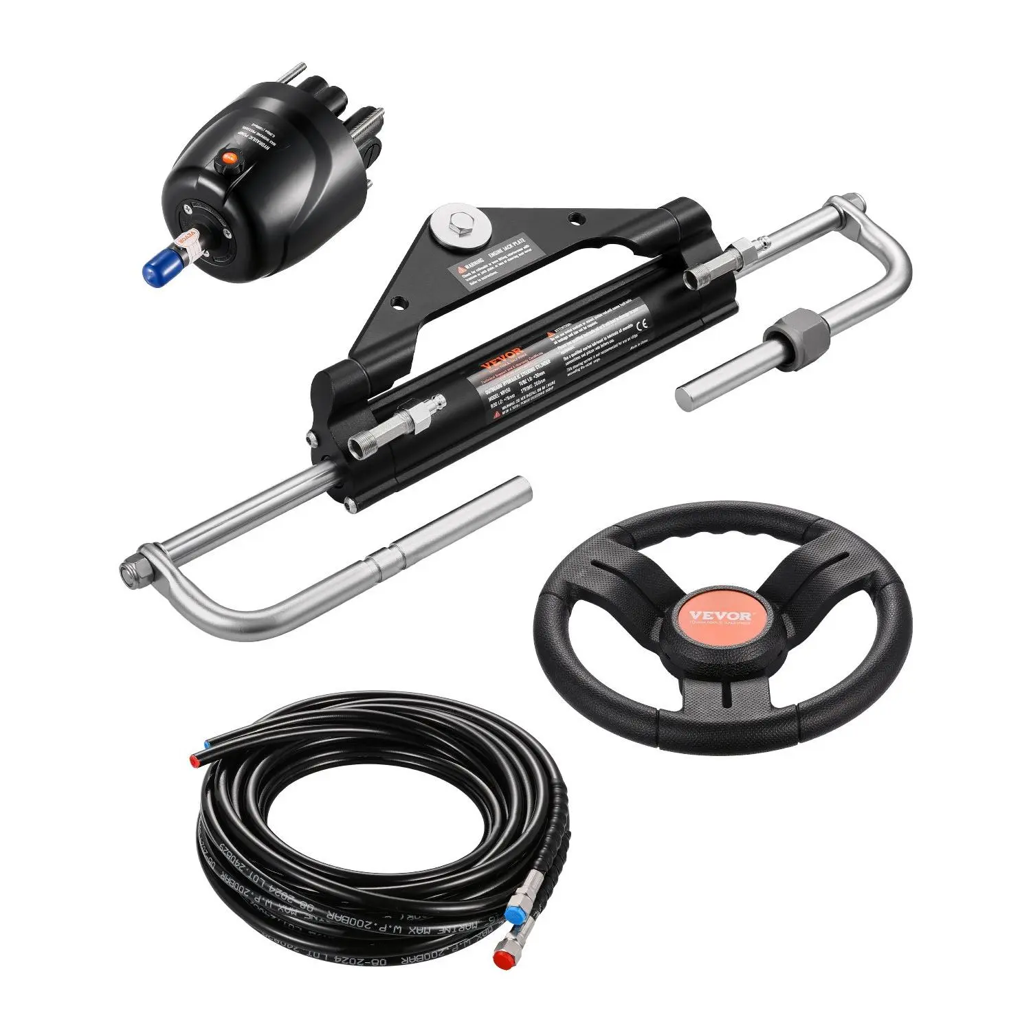 VEVOR 150HP Hydraulic Outboard Steering Kit, Marine Boat Hydraulic Steering System with 13.5-inch Steering Wheel, Helm Pump, Hydraulic Cylinder & 2PCS 26FT Hoses for Single Station Single-Engine Boat