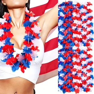 10Pcs Red White Blue Patriotic Lei Necklaces, Independence Day Artificial Flower Garlands, Polyester Hawaiian Leis for Beach Party, Dance Costume & Photo Booth Props, Party Event Props, USA Holiday Outfit Accessories