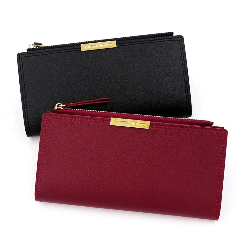 Women's Long Bifold Wallet, Smooth PU Leather Clutch with Metal Tag Decor, Multi-Card Phone Holder & Side Zipper Coin Purse, Wallets For Women