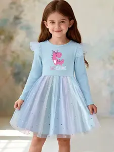 Girls' Long Sleeve Dress, Fashion kids Princess Dress, Gradient Mesh dress, Cute Cartoon Dinosaur Print, Ideal Gift for girls, Perfect for spring, autumn, and winter, back-to-school, Christmas, birthday parties, vacations, daily wear
