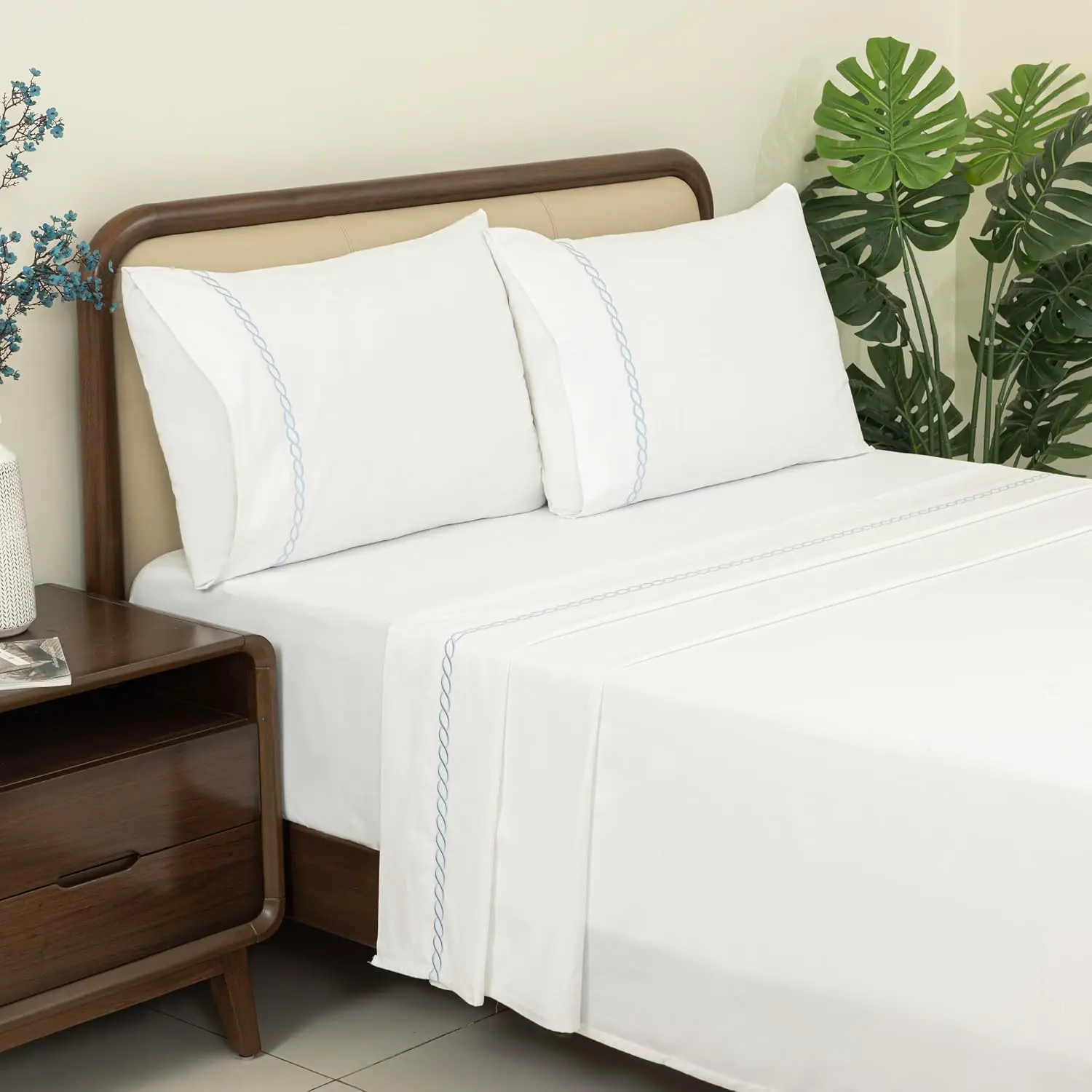 Sheet Set, Full Size,  Sateen Embroidered Sheets Set,Soft & Wrinkle-Resistant,16" Deep Pocket, bed Sheets,4- Includes 1 Fitted Sheet,1 Flat Sheet & 2 Pillowcases