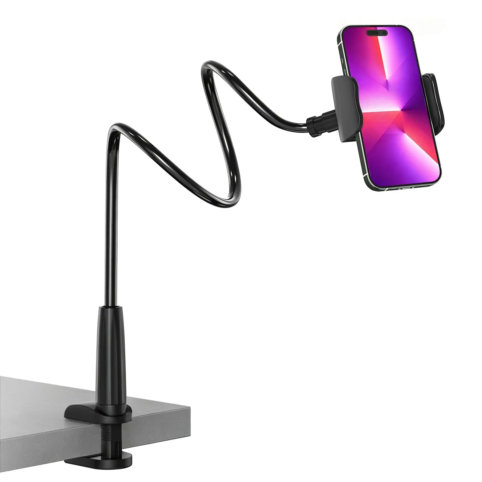 Gooseneck Phone Holder for Bed, Cell Phone Holders, SOITPOP Flexible Adjustable Overhead Cell Phone Mount for Desk, Hands-Free Viewing Clamp Stand Compatible with iPhone 17 16 15 Pro Max Smartphone and 3.5-7" Devices