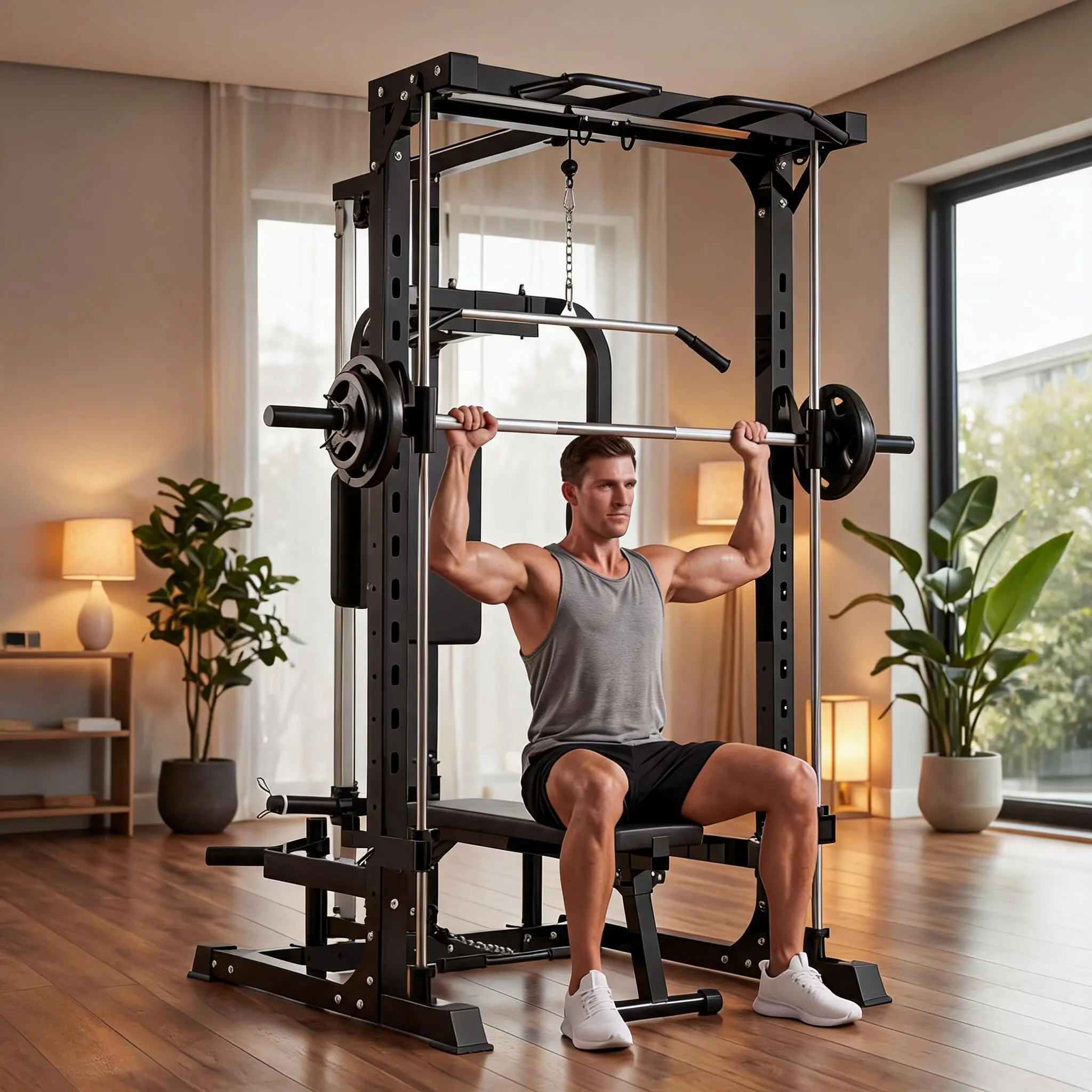 Multi-Functional Smith Machine with Bench Home Gym System, Heavy Duty Carbon Steel Squat Rack with LAT Pulldown and Butterfly Station, Full Body Strength Training Equipment, Black