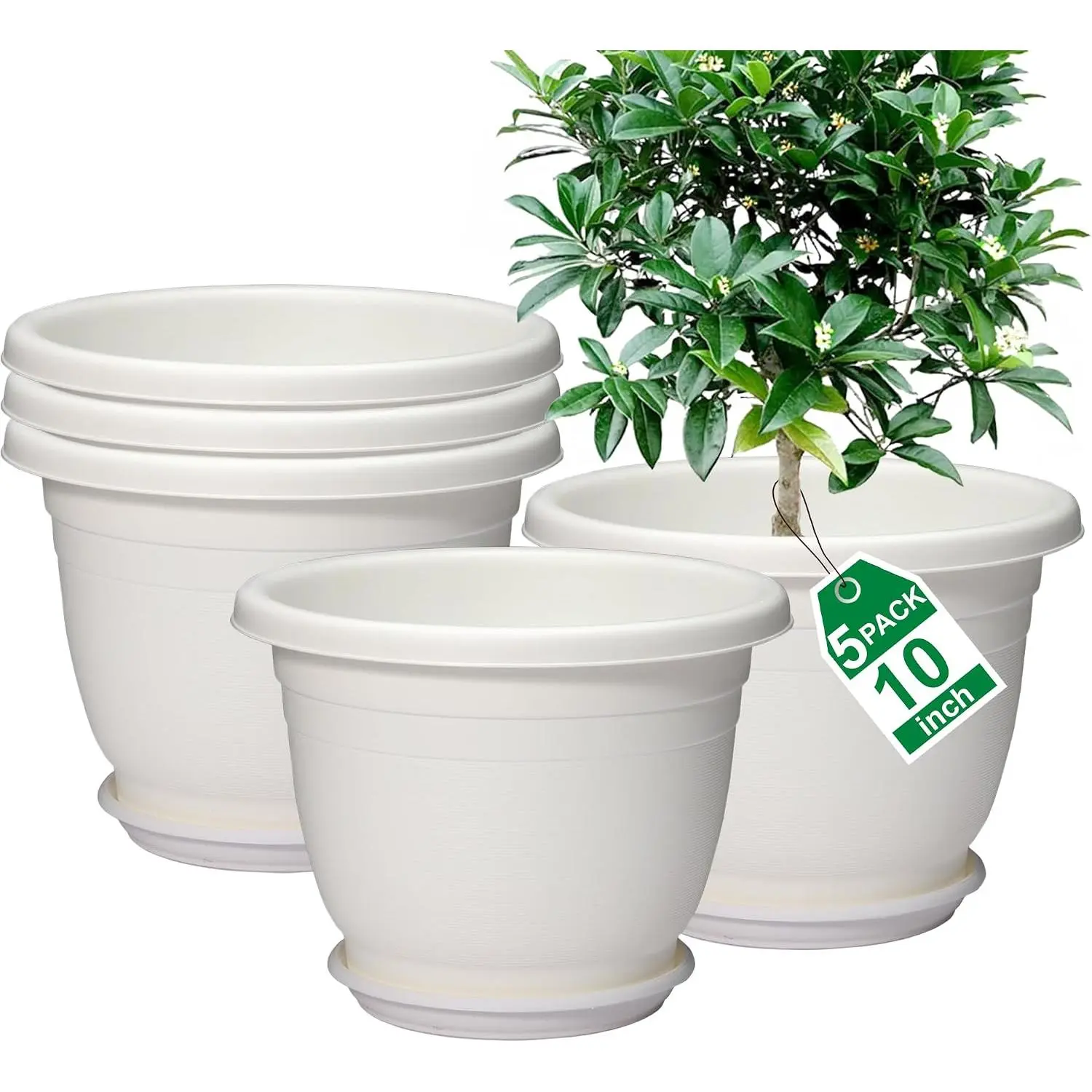 5 Packs 10 inch  Pots + , Planters for Indoor & Outdoor  with Drainage Holes | Plastic Flower Pots, Large Planter (Beige, 10 inch)