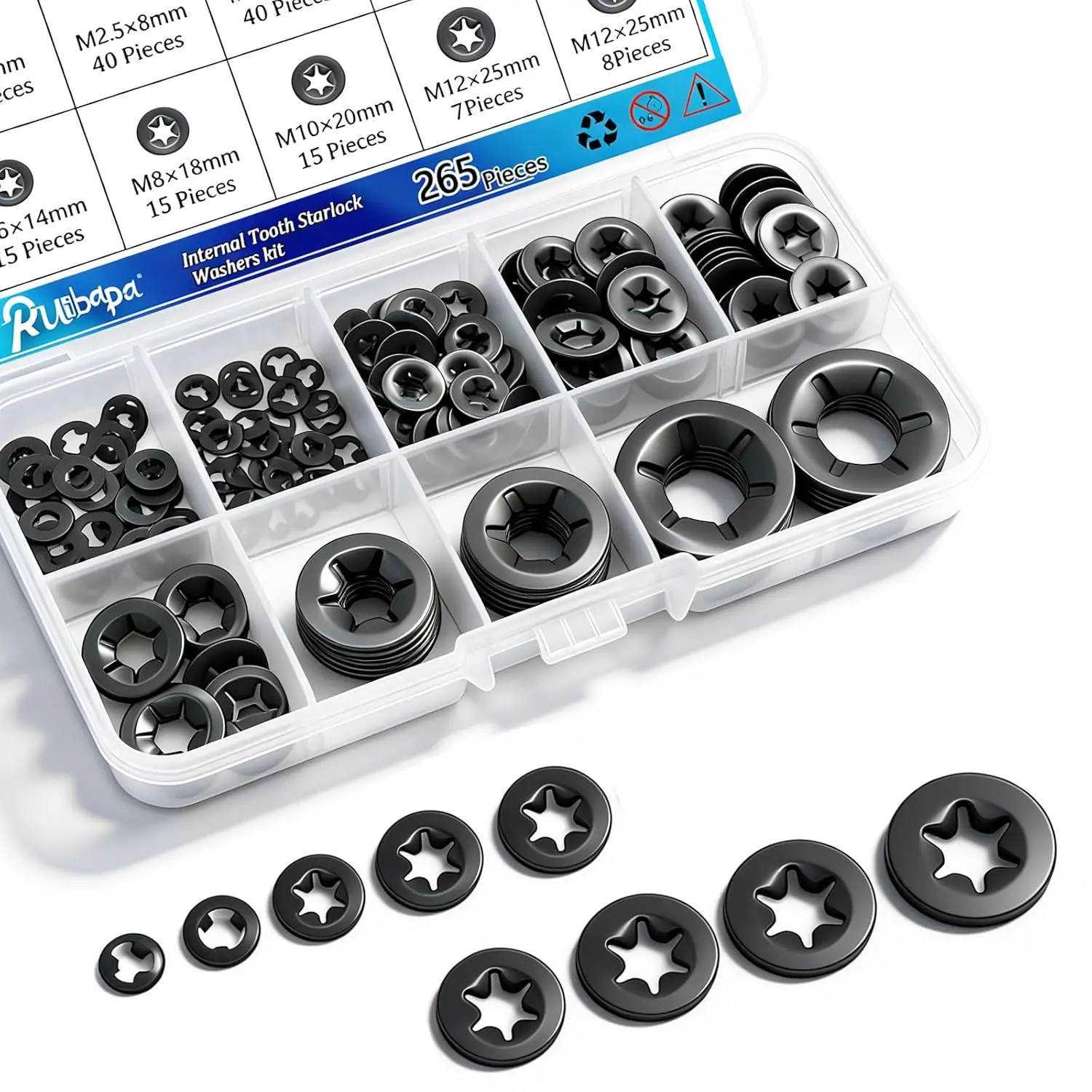 GJAHSH 265 PCS Internal Tooth Star Lock Washers Assortment Kit, 9 Metric Sizes M2-M12, Premium 65Mn Steel Push On Locking Washers & Speed Clips for Automotive, Furniture, and Industrial Fastening