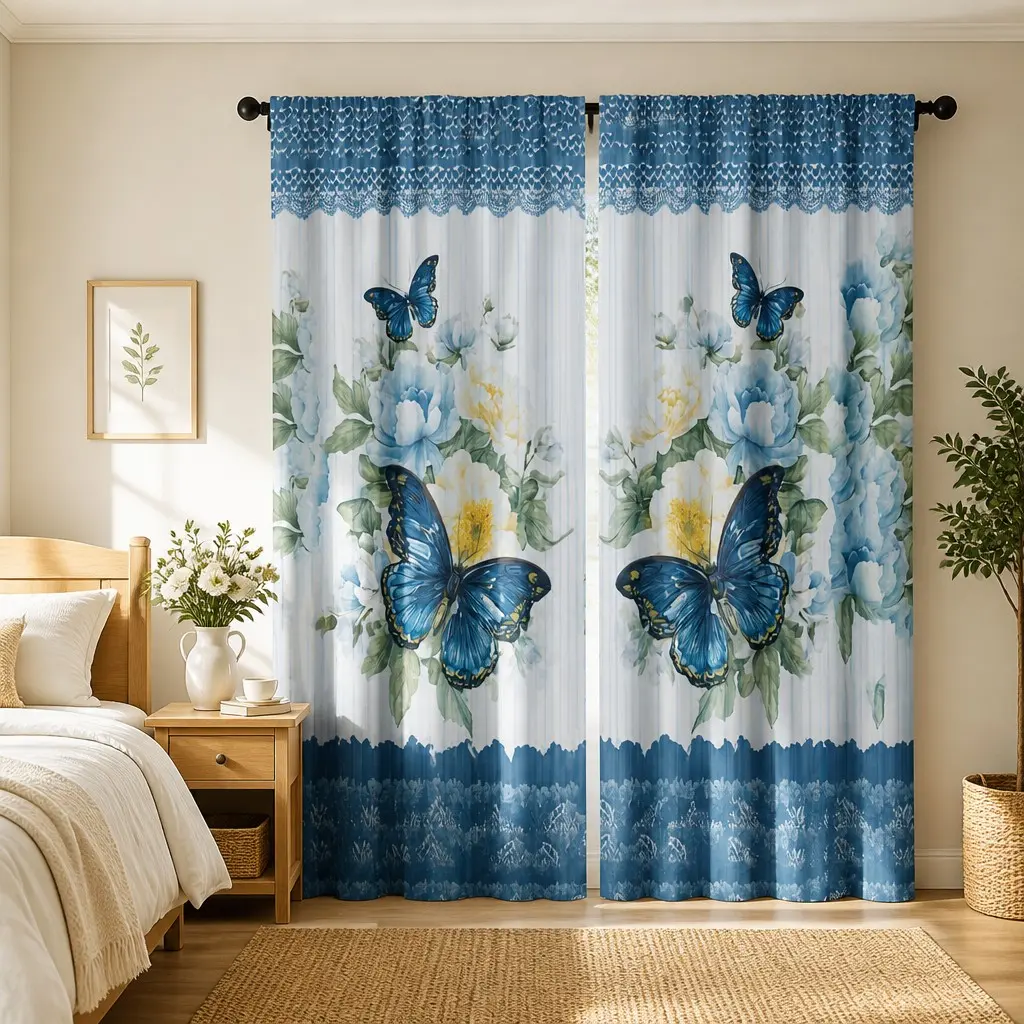 2D Plane Curtains Set, Window Curtain, Window Drapes, Ready Made Curtains, Room Decor Curtain, Blue Butterfly & Peony Design, Polyester Material, Easy Install, Perfect for Living Room, Bedroom, Office