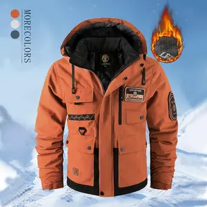 BIGWIG men's autumn and winter hooded parka, thickened warm work jacket, multi-pocket work top, windproof and waterproof cotton clothing, sports hooded jacket, cotton warm soft shell clothing, outdoor camping outdoor jacket