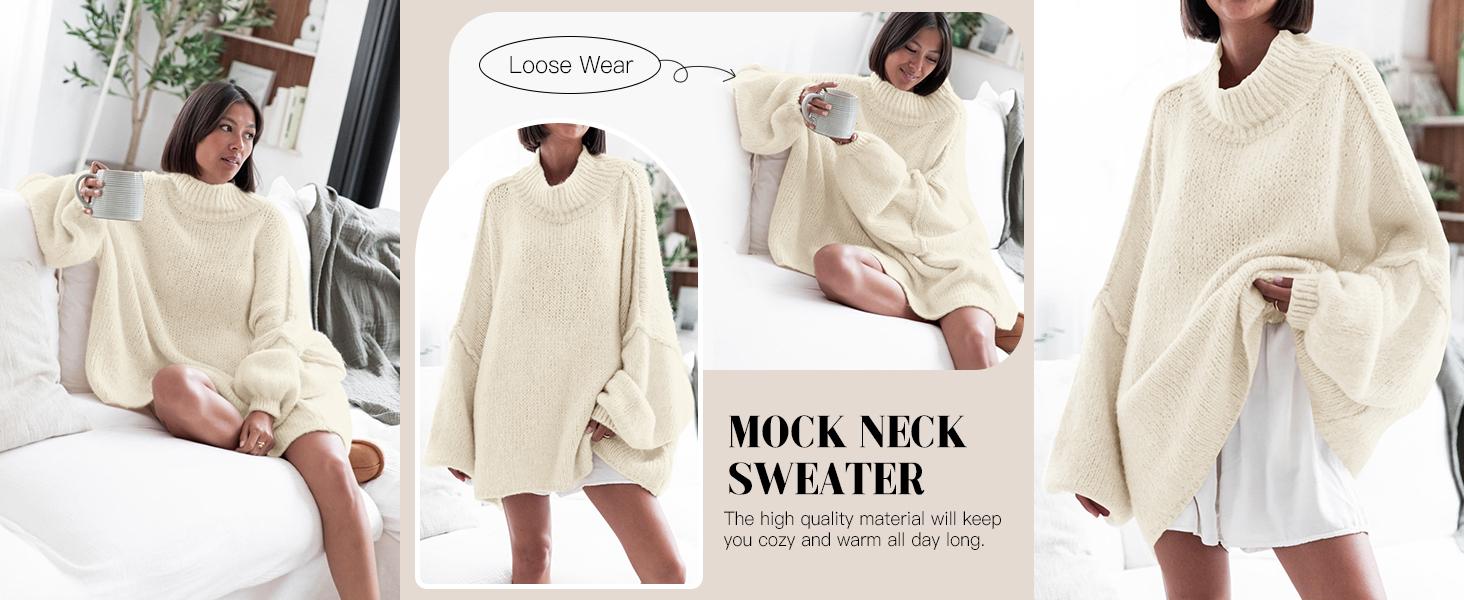 Saodimallsu Womens Oversized Sweaters Mock Neck Batwing Long Sleeve 2025 Fall Trendy Ribbed Knit Casual Tunic Sweater