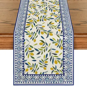 Lemon Print Table Runner, Mediterranean Blue Border Linen Table Runner, Summer Farmhouse Table Decor, Washable Fabric Table Runner for Kitchen, Dining, Party & Holiday Decoration