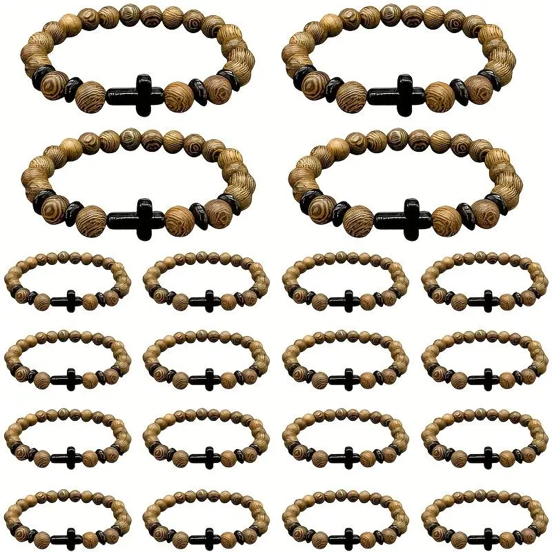 Unisex Christian Wooden Stacking Bracelets (20-Pcs Set) - Religious Cross Jewelry for Women, Daily Wear & Baptism, Yes