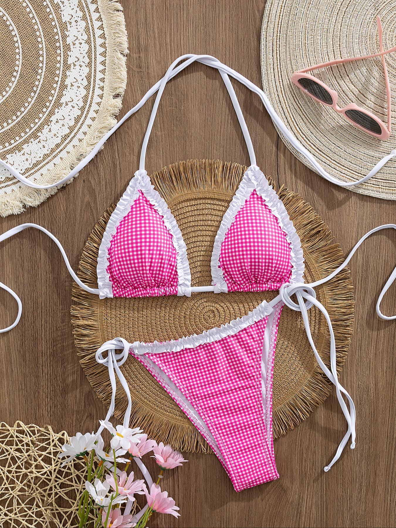 Two-piece Set Women's Gingham  Print Bikini Set, Casual Fashion Chic Swim Top & Swim Bottom Set for Beach Holiday Vacation, Ladies Swimsuit for All Seasons