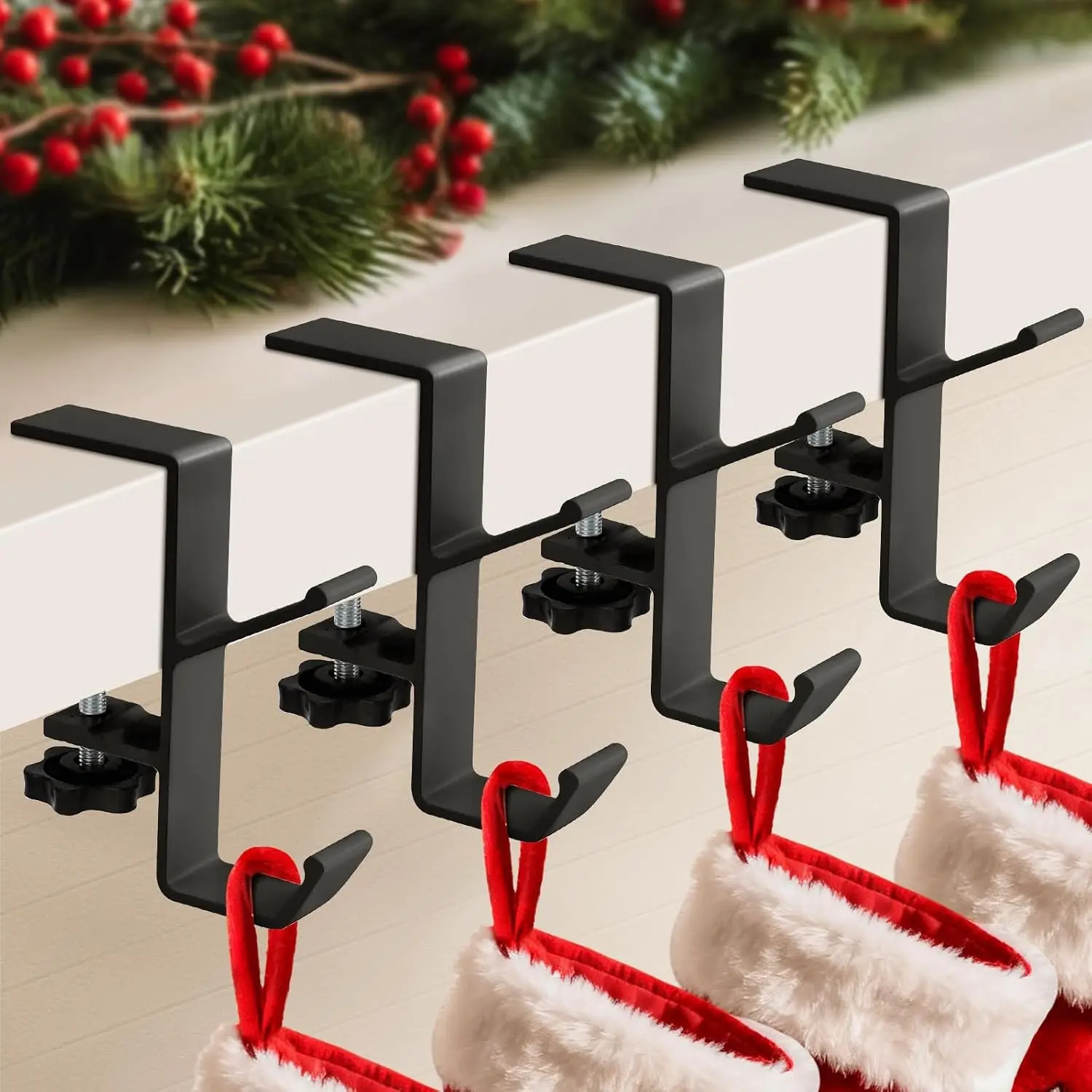 4 Pack Stocking Holders for Mantle for Christmas Decorations,2 in 1 Mantle Garland Holder for Hanging Christmas Stockings,No Drilling Required & Adjustable Garland Hanger, Metal(Black)