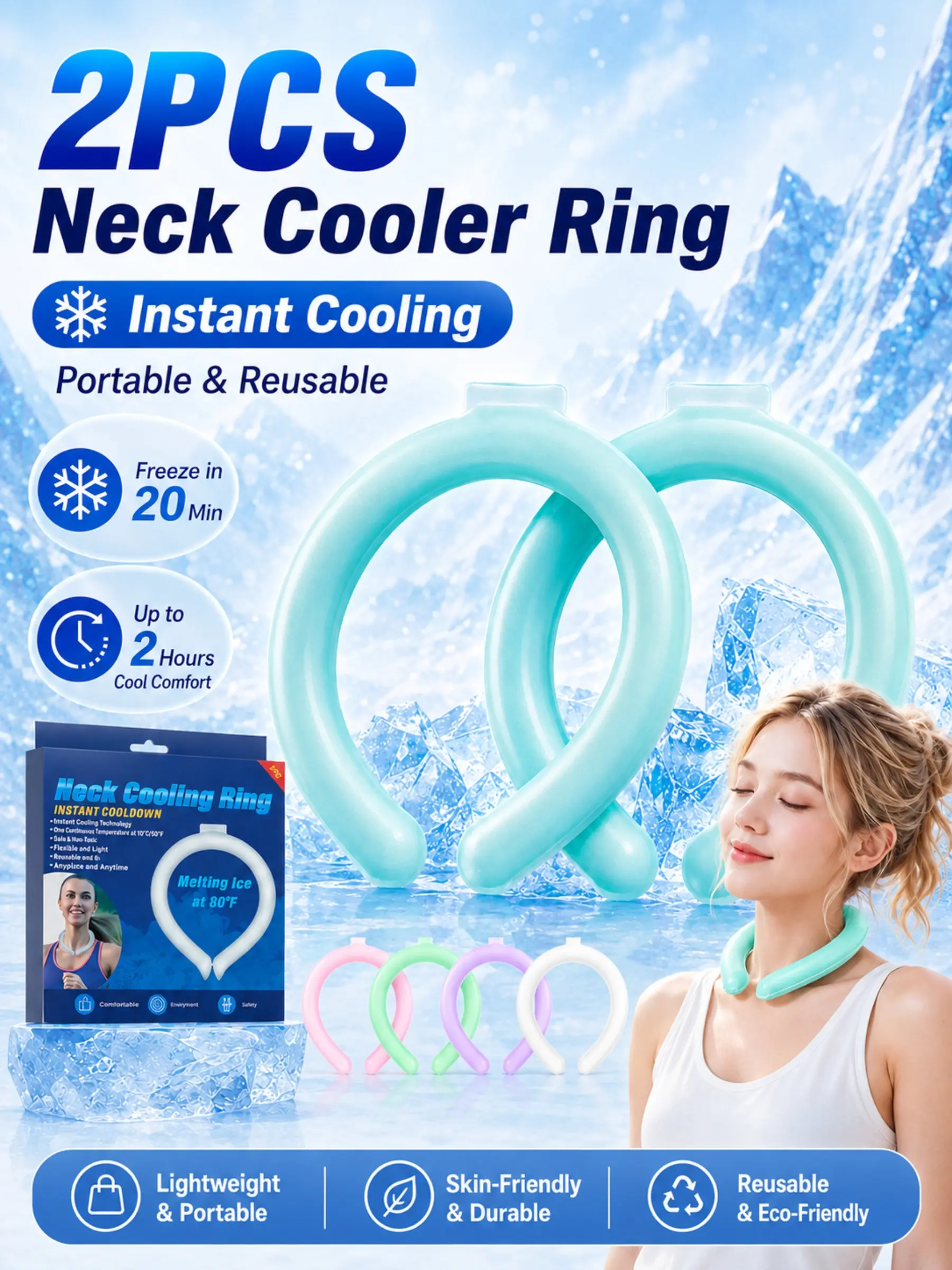 2PCS Neck Cooler Ring, Neck Ice Pack, Wearable Ice Cooling Collar, Portable Reusable Summer Cooling Tube with Flexible Leakproof PCM Gel, Instant Cold Relief Neck Wrap for Hot Weather, Cooling Gear, Sports Running Hiking Camping Outdoor Activities