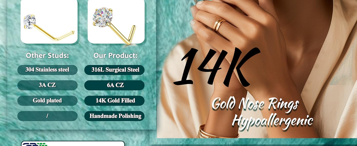 BESTEEL 14K Gold Plated Nose Ring Studs 20G Nose Rings Hoops Stud 316L Stainless Steel Nose Rings Round CZ Heart Simulated Diamond L Shaped Nose Stud Hypoallergenic Nostril Piercing Jewelry for Women Men 10Pcs