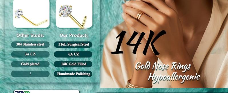 BESTEEL 14K Gold Plated Nose Ring Studs 20G Nose Rings Hoops Stud 316L Stainless Steel Nose Rings Round CZ Heart Simulated Diamond L Shaped Nose Stud Hypoallergenic Nostril Piercing Jewelry for Women Men 10Pcs