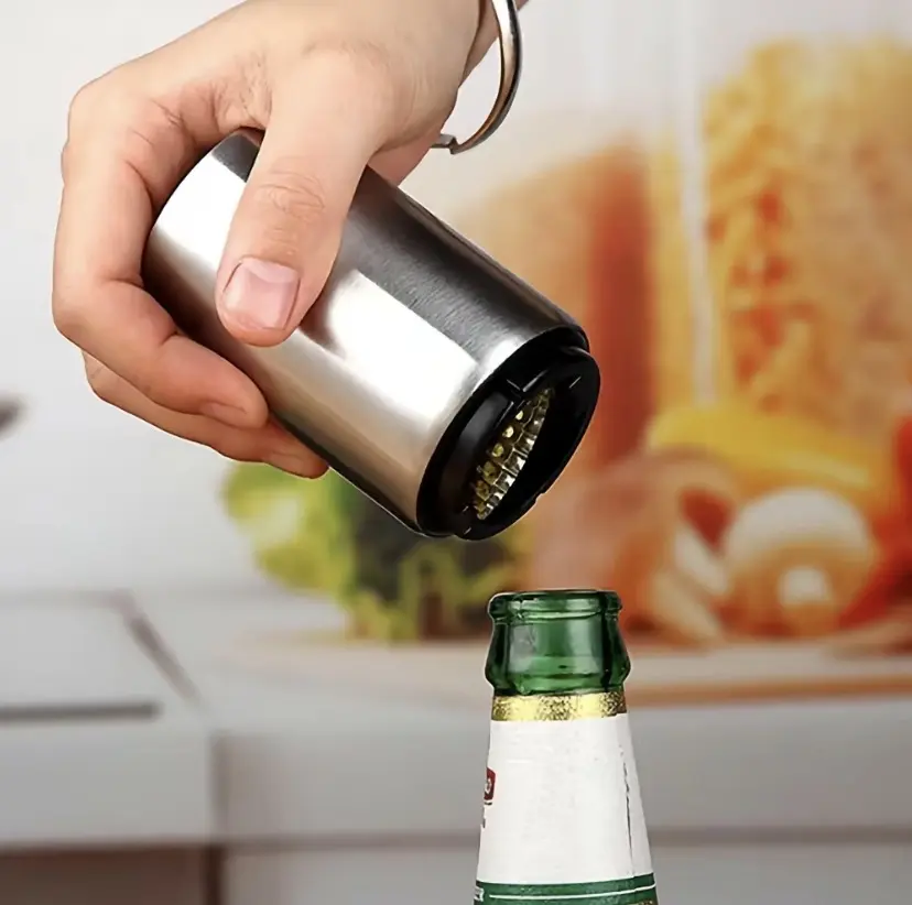 Premium Stainless Steel Magnetic Automatic Push-Down Bottle Opener (Silver, Compact, Portable) - Removable, Quick-Cap Opening Kitchen & Bar Utensils with Free Soccer-Themed Stickers for Outdoor Use