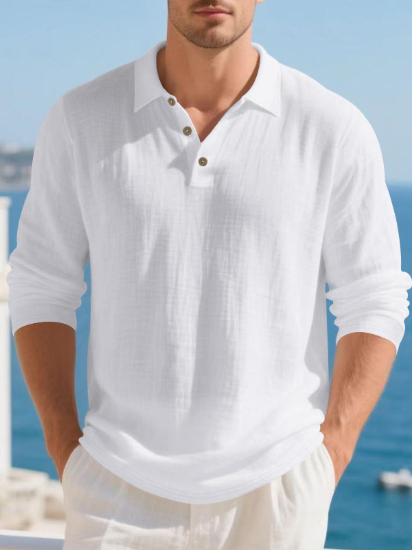 Men's Linen Long Sleeve Polo Shirt, Beach Vacation Style, Skin-Friendly Breathable Loose Fit, Casual Spring & Fall Wear, Menswear