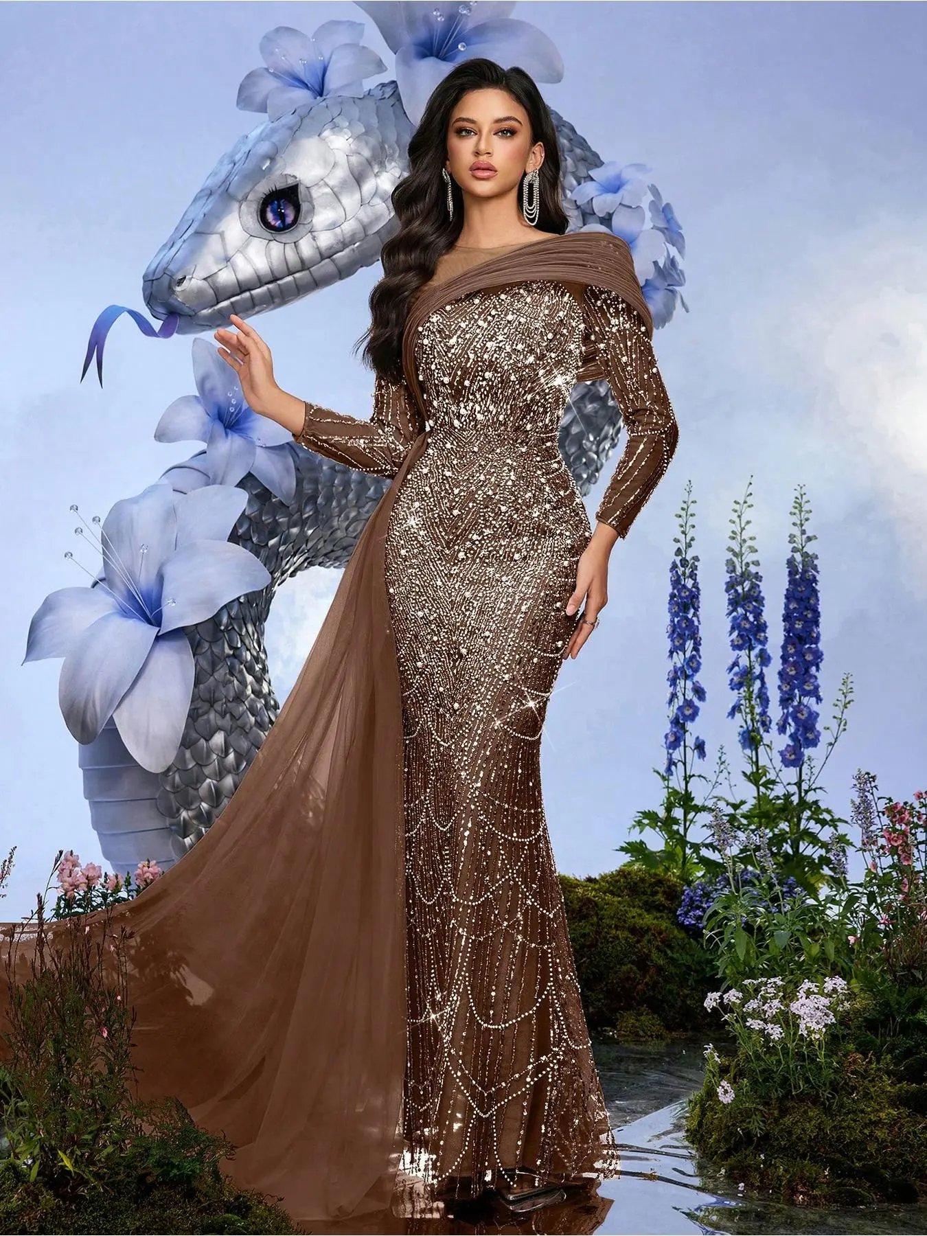 Party Gown Champagne Color Color Sequins Beaded Long Sleeve Slim Gown Dresses Formal Party Evening Wear For Dinner Party, Banquet, Cocktail Party (Heavily Embellished)
