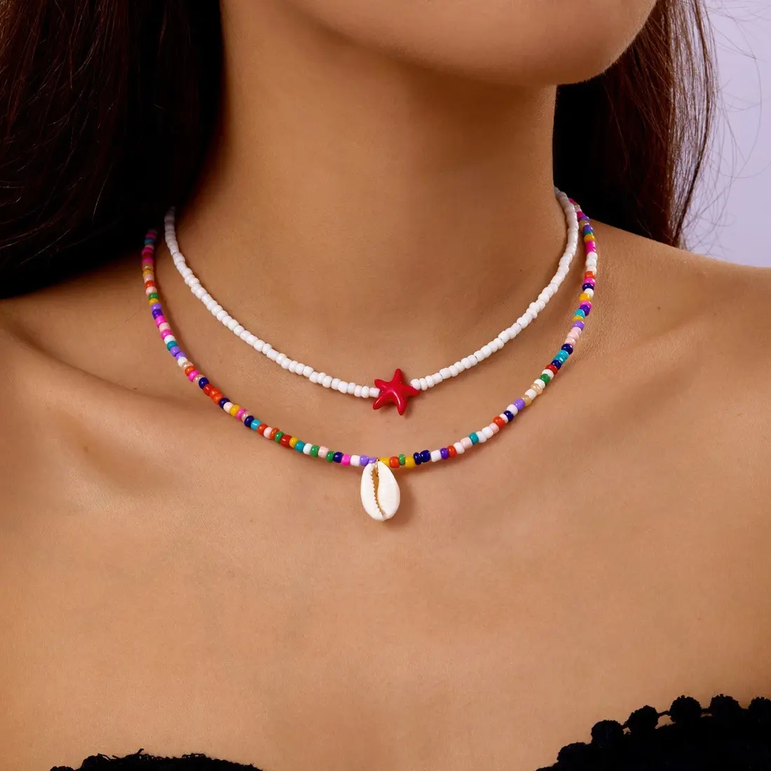 Boho Starfish Shell Beaded Necklace for Women, Beach Vacation Jewelry, Double Layer Coastal Pendant Necklace, Adjustable Collarbone Chain, Lightweight Summer Bohemian Style Accessory for Travel & Resort Wear