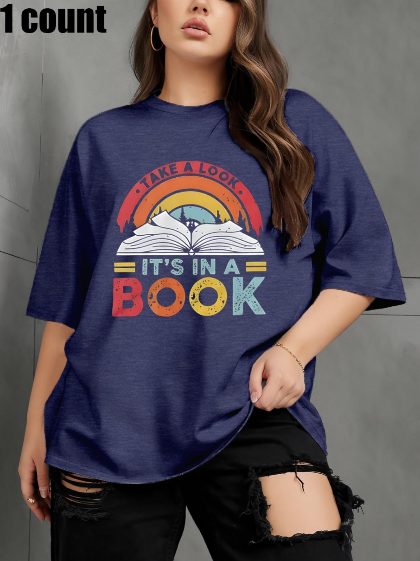 【Plus Size】 Book & Letter Print Round Neck Tee, Fashion Casual Crew Neck Short Sleeve T-Shirt for Daily Outdoor Wear, Women Tops for All Seasons