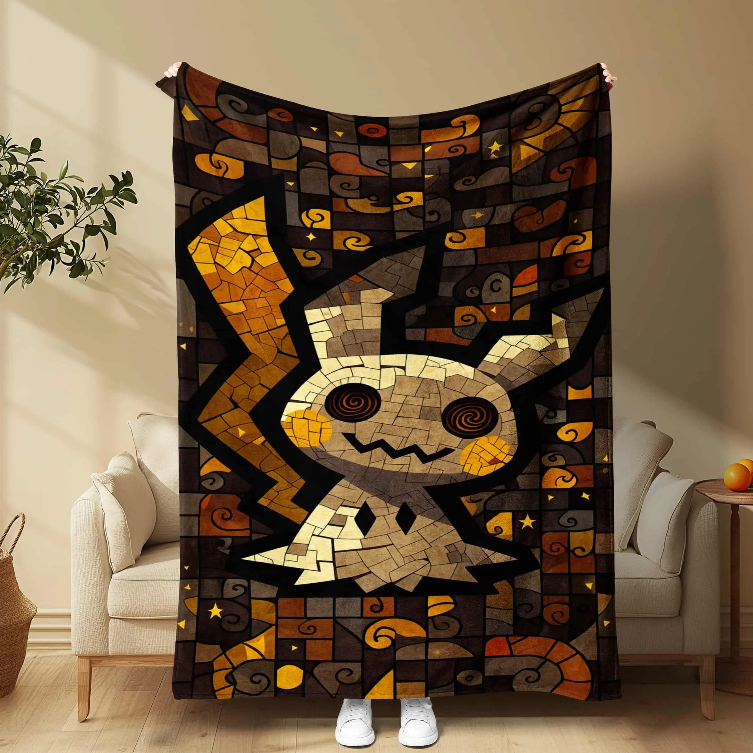 1 PC 👻 Pokémon Mimikyu Stained Glass Blanket! Soft fleece for gaming room setup, kids bedroom decor, couch movie binge & dorm lounge ⚡ Epic Xmas, Halloween & Birthday gift! 🎁