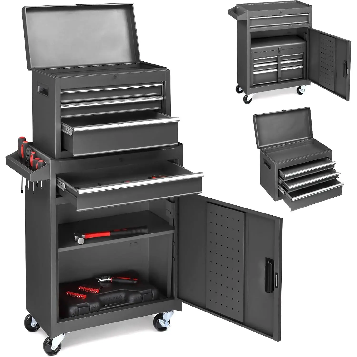 2-In-1 Rolling Tool Chest on Wheels with Pull Handle - 4-Drawer Storage Durable Toolbox, Lock and Key, Removable Top Box, Large Storage Cabinet, Adjustable Shelf, Garage Tool Organizer, Rolling Cart for Garage, Warehouse, Toolbox On Wheels