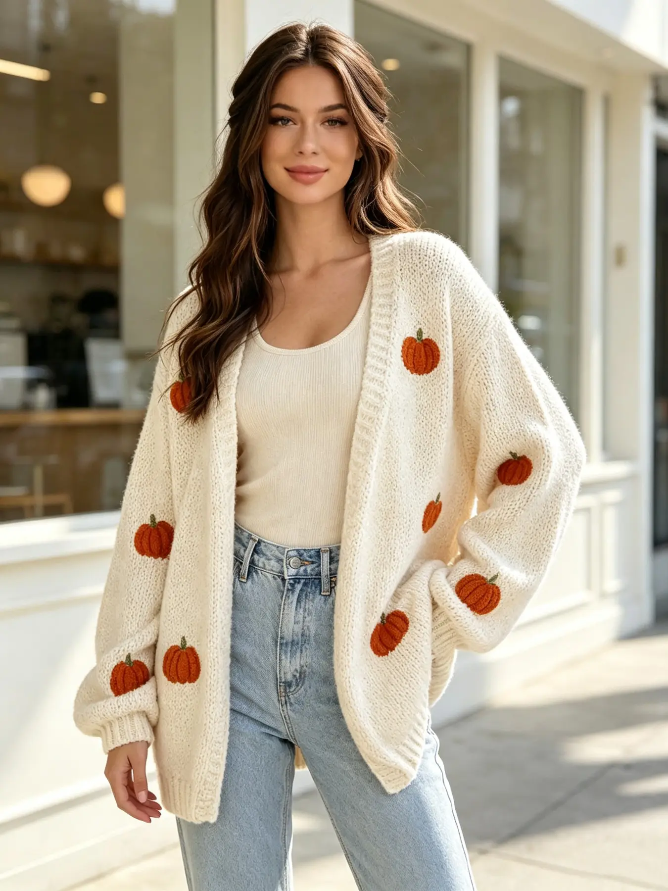 Women's Cute Pumpkin Embroidered Long Sleeve Sweater Coat, Casual Loose-Fitting Fall & Winter Commuter Wear, Daily Use