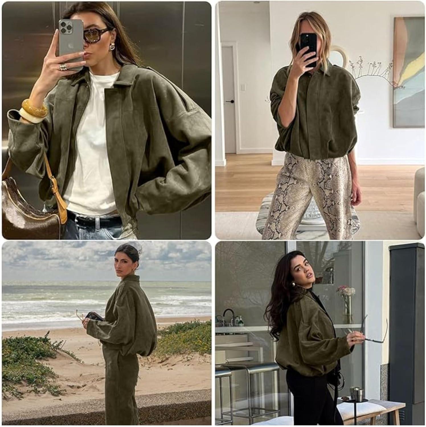 Women's Vintage Suede Collared Bomber Jacket Loose Batwing Sleeve Zip-Up Outerwear Soft Warm Fabric For Autumn Winter Daily Casual Wear