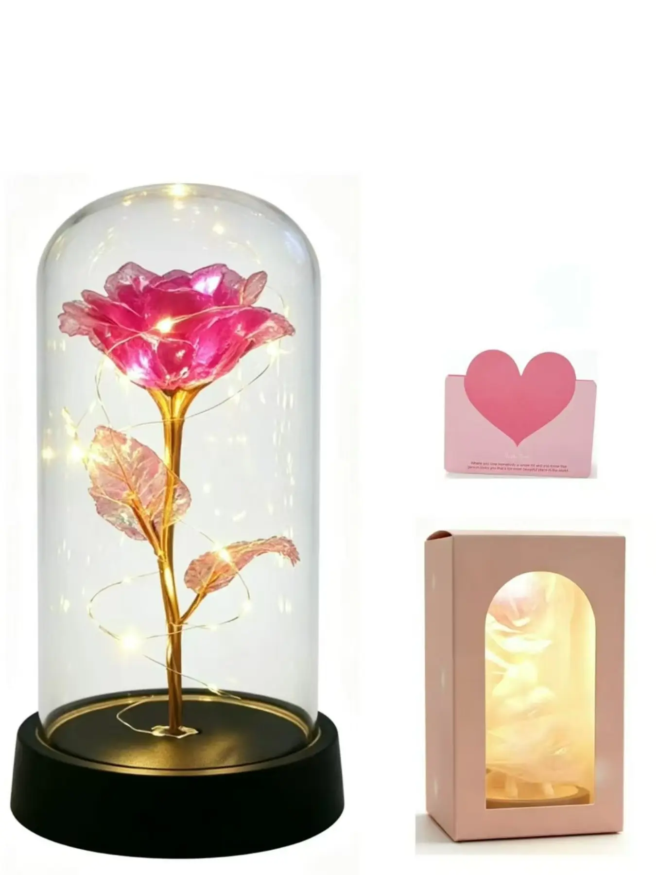 Valentine's Day Gift Set, Colorful Gold Foil Floral Rose Glass Box with Light, Elegant Present for Girlfriend, All-Season Cute Design