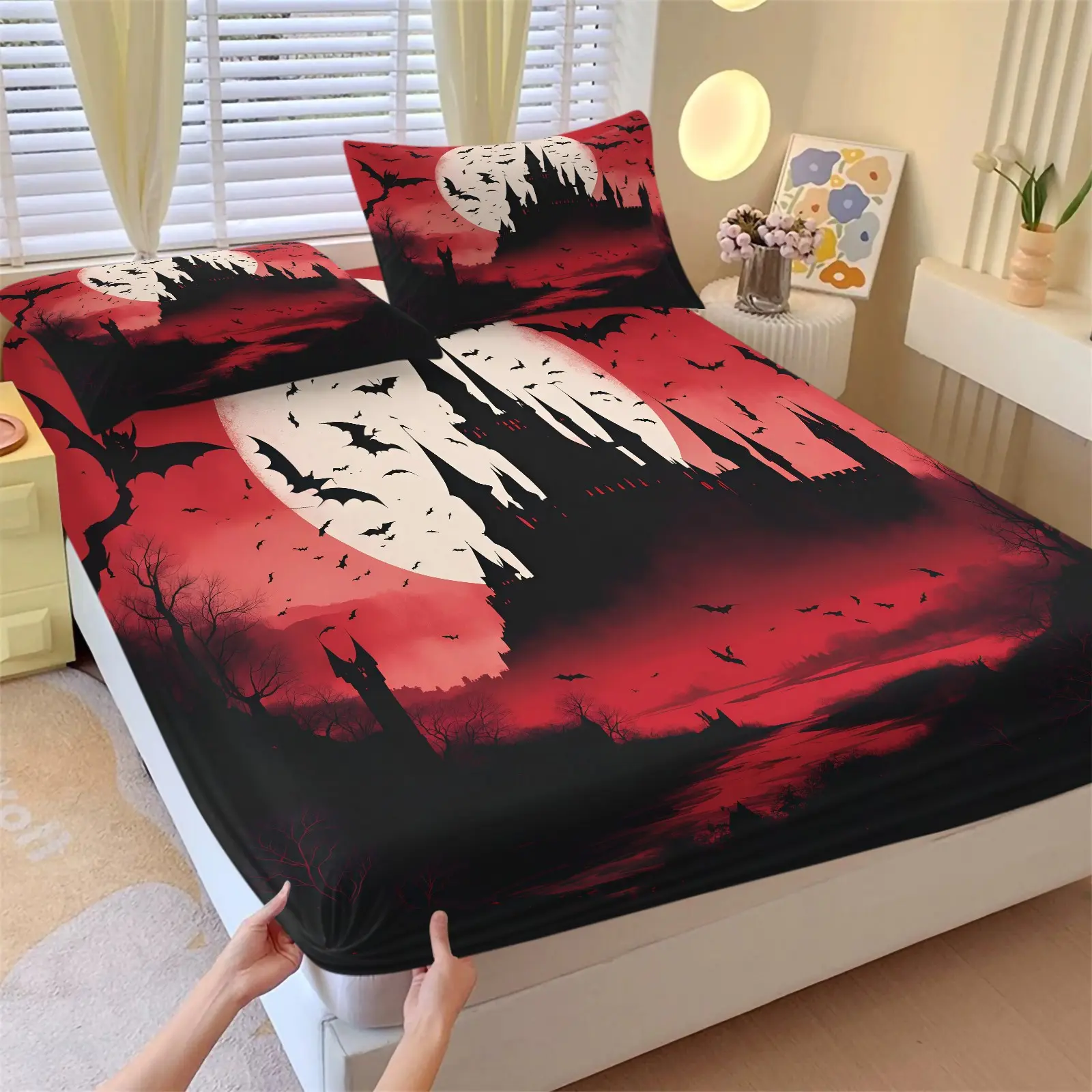 Castle Bat Pattern Fitted Sheet, Gothic Style Bedding Set (1 Sheet + 2 Pillowcases, No Pillow Insert), Suitable For Teenagers And Adults, Halloween Bedroom, Dormitory, Guest Room Scene