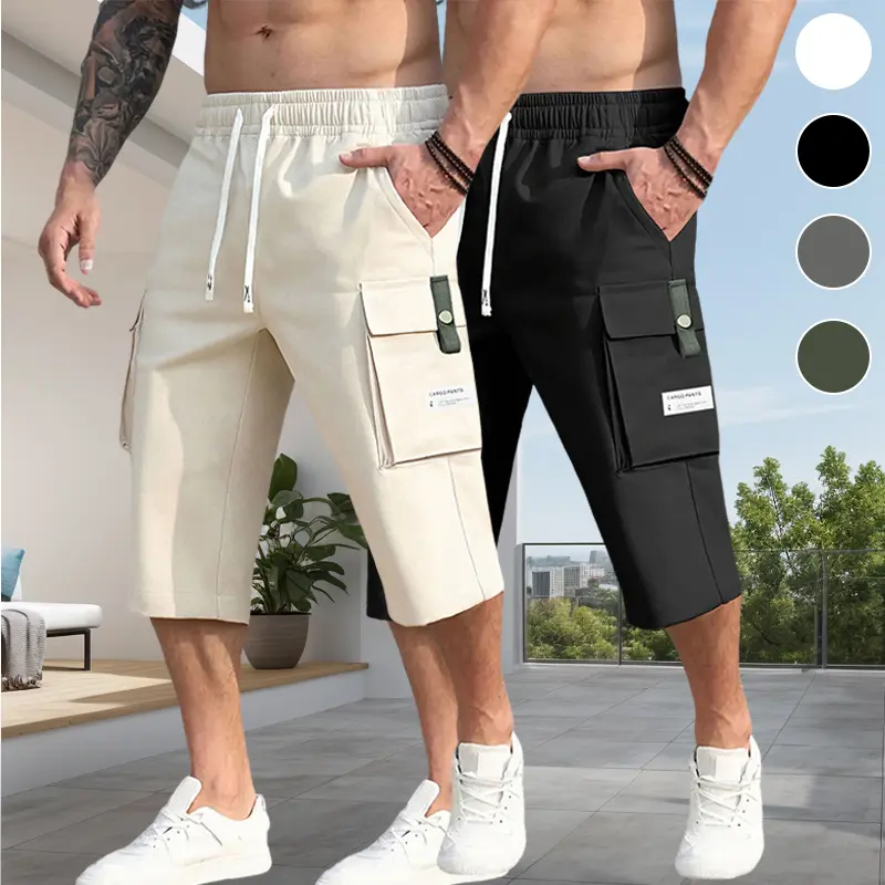 Lightweight Breathable Cargo Capri Shorts for Men, Multi Storage Flap Pockets Drawstring Elastic Waist Relaxed Fit Knee Length Pants for Jogging Beach Daily Travel