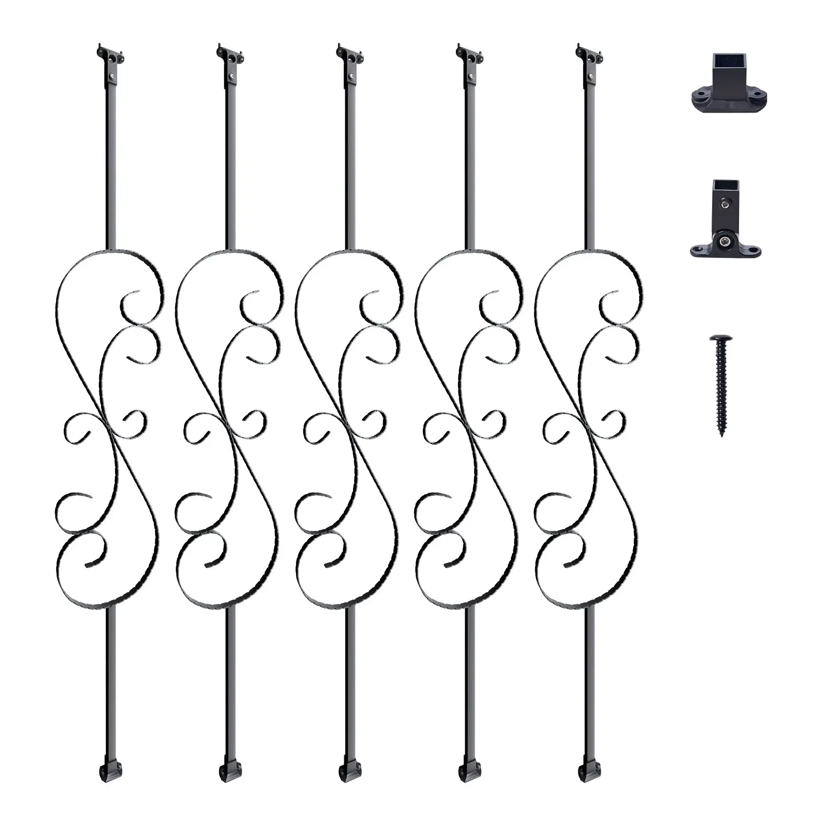 Staircase Metal Balusters, 44''x 1/2" Galvanized Steel Decorative Banister Spindles, 5 Pack S Shape Deck Baluster, Hollow Satin Black Spiral Stair Railing with Shoes Screws