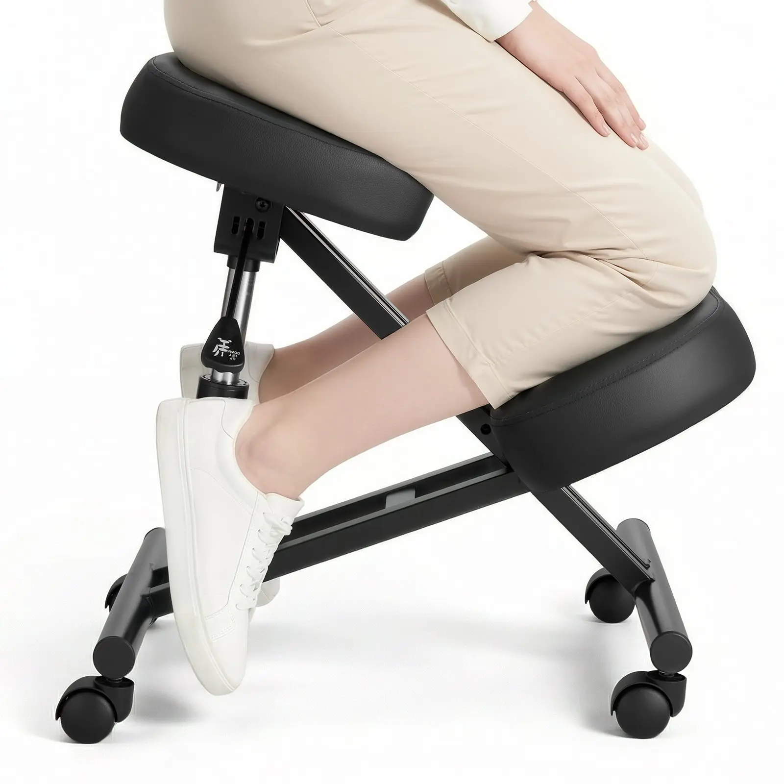 VEVOR Ergonomic Kneeling Office Chair with Wheels, Mobile X-Shaped Posture Chair with Adjustable Height, Thick Foam Cushions, Plastic-Wood-Carbon Steel Build, 265lbs Load Capacity for Home & Meditation Neck/Back Pain Relief, Black