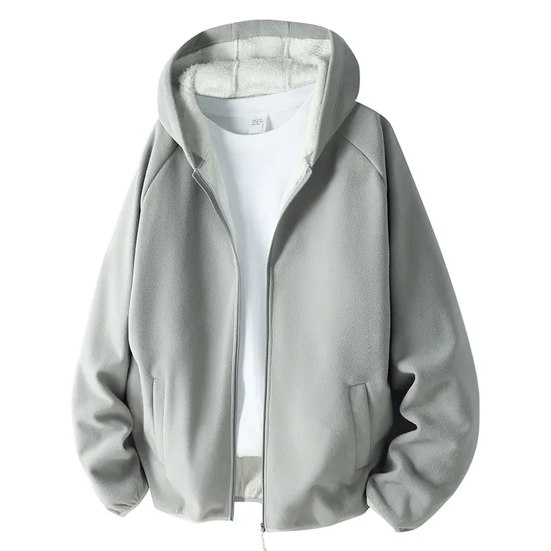 Men’s Versatile Zip Up Hooded Jacket, Warm Polar Fleece Loose Windproof Hoodie Coat, Casual Daily Outerwear for Autumn & Winter