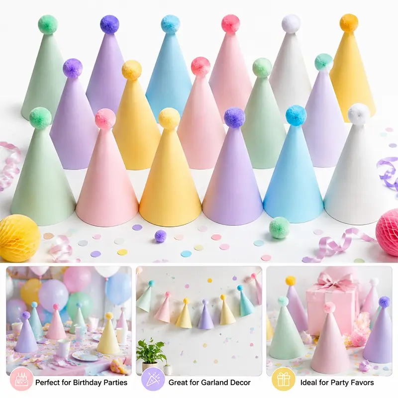 18pcs Soft Color Birthday Party Hats, Conical Hats with Pompons, Festival Party Supplies, Cute Celebration Decorations, Party Accessory