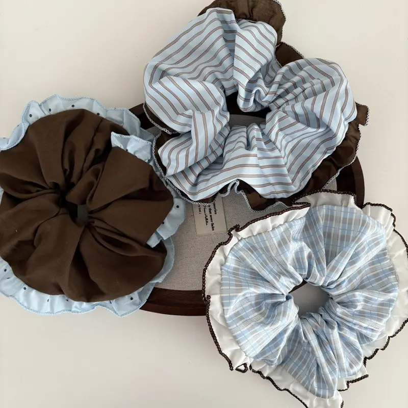 3pcs Contrast Ruffle Edge Striped Plaid Fabric Scrunchies Vintage Two-Tone Spliced Hair Scrunchy Elastic Hair Ties For Daily Hairstyle