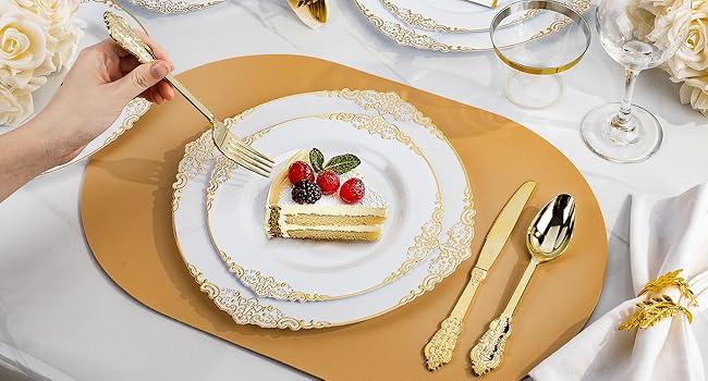 Bestluck 175PCS Gold Plastic Plates for 25 Guests, Disposable Dinnerware Sets Include 50 Gold Rim Plastic Plates, 25 Silverwares, 25 Cups, and 25 Pre Rolled Napkins for Party, Wedding and Graduation