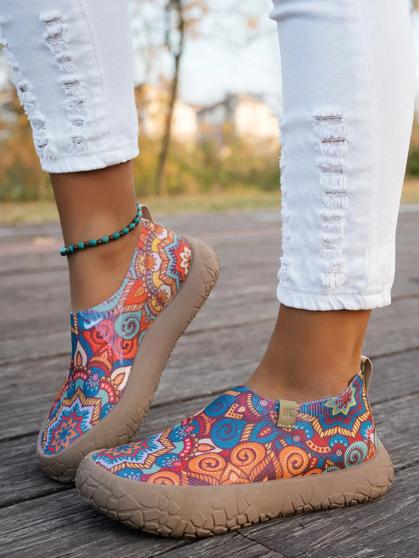 Vintage Ethnic Kaleidoscope Colorful Pattern Mesh Slip-On Shoes, Lightweight Soft Sole Mid-Old Age Walking Shoes, Outdoor Travel Versatile Trendy Casual Shoes