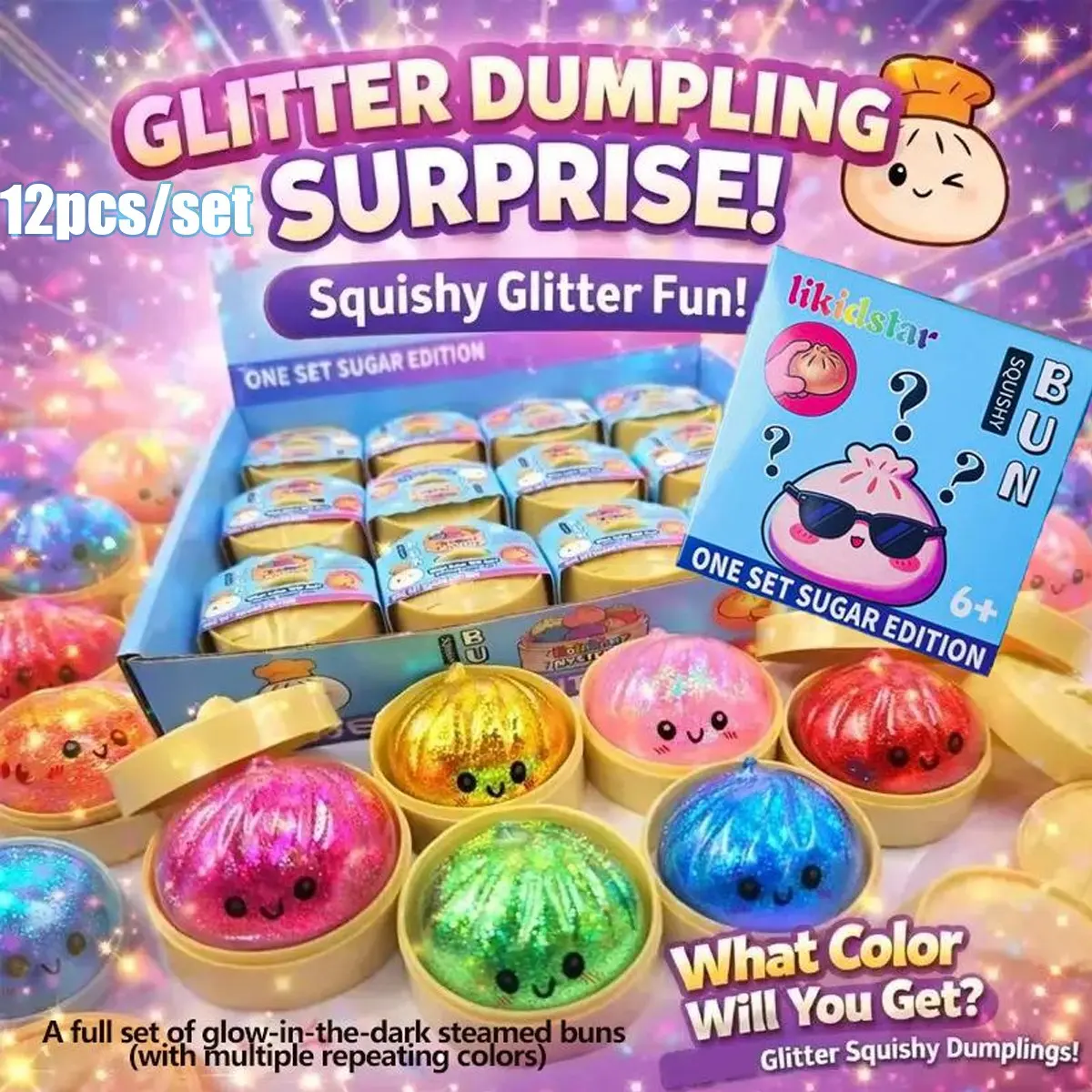 12counts Glitter Dumpling Glitter Dumpling Squishy with Box Dumplings Sensory Decompression Stress Ball Squishies Squeeze Toy for Stress Relief